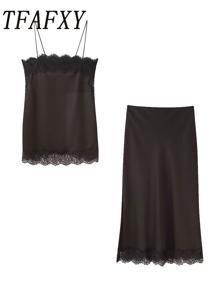 Cami Top Lace - TFAFXY Vintage Günlük Kadın Kahverengi Düz