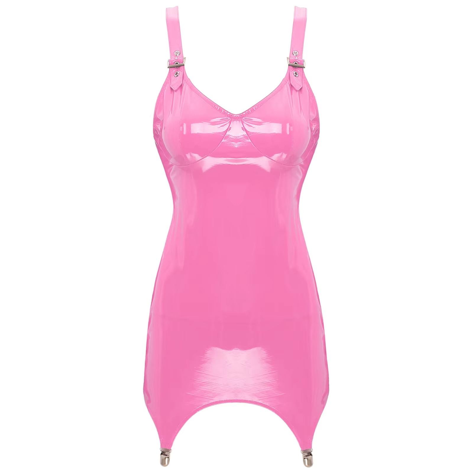 Babydoll Chemise Night - Bayan parlak metalik PVC deri v