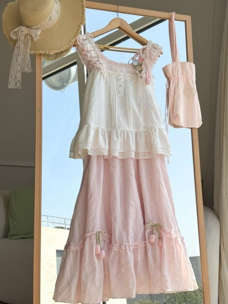 Cami Top Lace - Tatlı Kawaii Fırfır Trim Lale Dekor