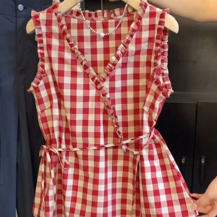 Retro Kırmızı Ekose Kolsuz Yel - Corset Waist Cinch incelemesi ve fiyatı