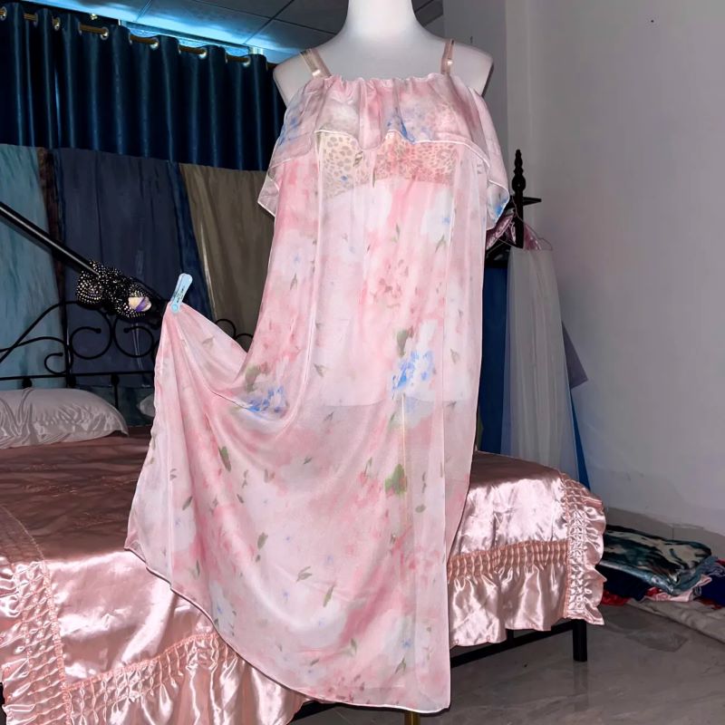Pembe İpek Baskılı Askılı Gece - Robe Silk Women incelemesi ve fiyatı